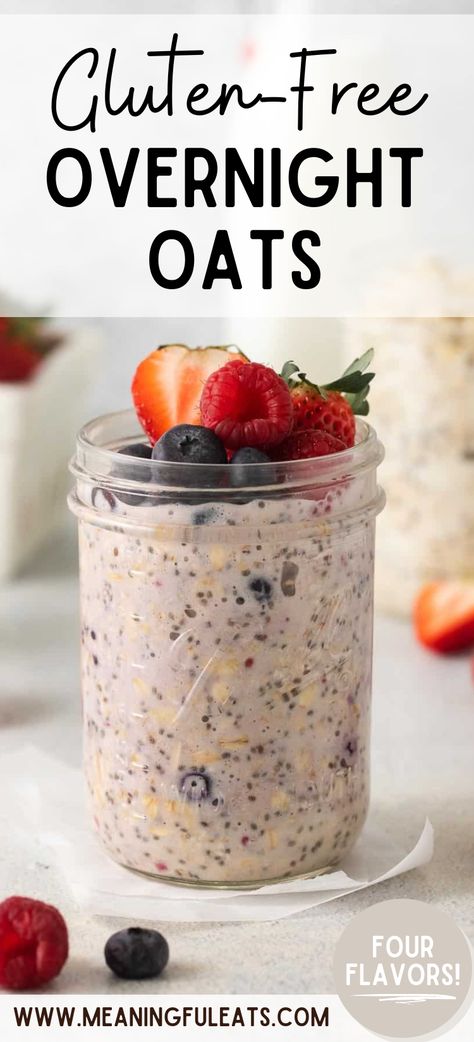 A glass jar filled with overnight oats topped with fresh berries Overnight Gf Oats, No Oats Overnight Oats, Gut Protocol Overnight Oats, Grain Free Overnight Oats, Overnight Oats Healthy Gluten Free, Overnight Oats Without Oats, Overnight Gluten Free Oats, Gluten Free Rolled Oats Recipes, Gf Overnight Oats