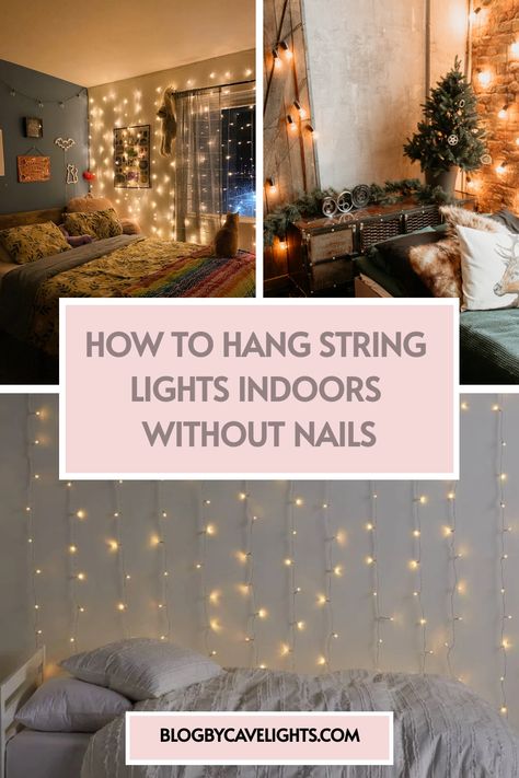 ✨ Elevate your decor with stunning indoor string light ideas! Learn how to hang string lights in your living room and bedroom without a single nail. Tap to uncover these genius hacks now! 📲 Attic Fairy Lights, Small Bedroom String Lights, Dangling Lights In Bedroom, String Light Bedroom Ideas, How To Hang Curtain Lights, How To Hang Lights In Bedroom, Diy Mood Lighting, Fairy Lights Over Bed, Fairy Lights Living Room Apartments