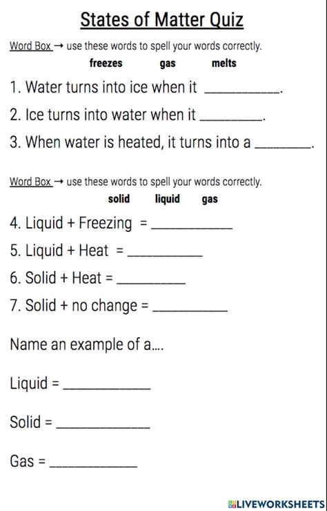 Changes In States Of Matter, Third Grade Science Worksheets, States Of Matter Worksheet, 6th Grade Worksheets, Science Homework, 5th Grade Worksheets, Educational Tips, 2nd Grade Activities, Second Grade Science