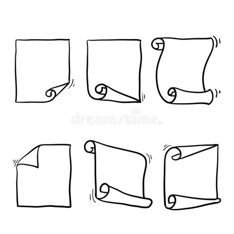 Curled paper and flip turn fold sheet illustration with handdrawn doodle style. Isolated stock illustration Folded Paper Drawing, Scroll Doodle, How To Draw A Scroll Step By Step, Scroll Sketch, Surprise Folding Paper Drawing, Doodle Notes, Senior Shirts, Paper Illustration, Curl Styles