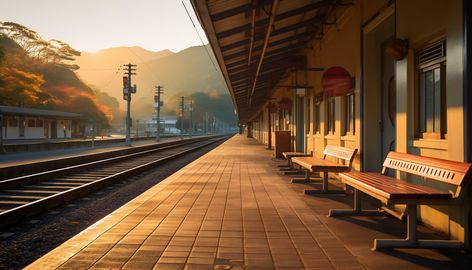 a quiet train station with a backdrop of mountains and pine trees Ai Generative Train Station Illustration, Train Station Aesthetic, Station Aesthetic, Train Seat, Station Background, Tree Saw, Cityscape Photos, Nature Backgrounds, Pine Trees