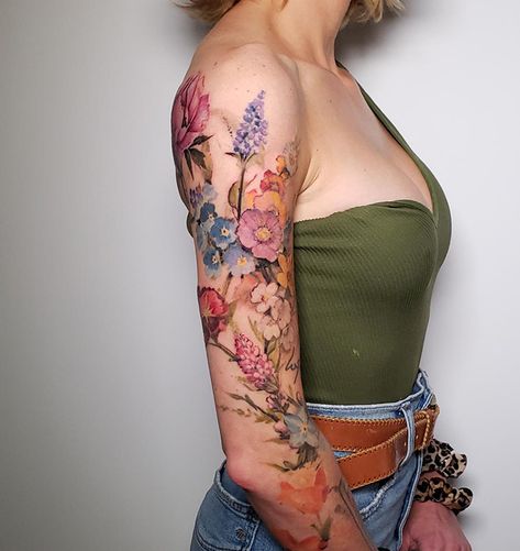 Group Of Flowers Tattoo, Color Tattoo Ideas Female, Floral Chest Tattoo Female, Large Floral Tattoo, Wildflower Half Sleeve Tattoo, Floral Leg Sleeve Tattoo, Watercolor Floral Tattoo, Garden Sleeve Tattoo, Vintage Floral Tattoos