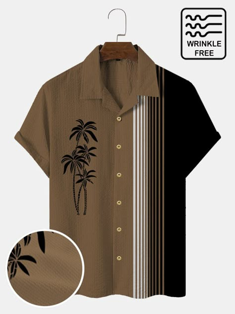 Vintage Bowling Shirts, Seersucker Shirt, African Shirts, Chic Shirts, Bowling Shirt, Beige Shorts, Fashion 1950s, African Men Fashion, Beach Shirt