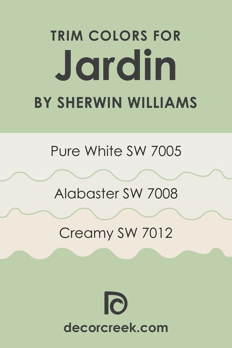 Jardin SW 6723 Paint Color by Sherwin-Williams - decorcreek.com Sherwin Williams Bonsai Tint, Sw 7005 Pure White, Sw 7008 Alabaster, Trim Colors, Sherwin Williams Colors, Sherwin Williams Paint Colors, White Paint Colors, Diy Backdrop, Trim Color