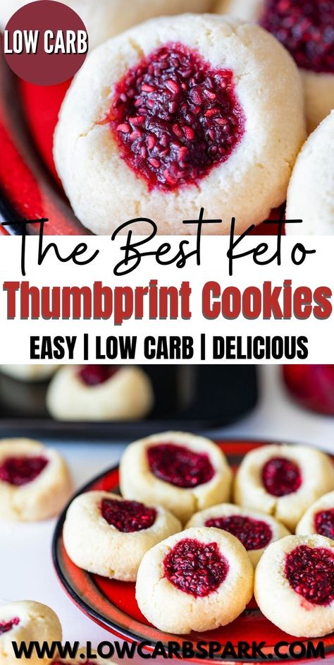 Keto Thumbprint Cookies - Low Carb Christmas Cookies Keto Tea Cookies, Easy Keto Christmas Cookies, Holiday Keto Desserts, Keto Recipes With Almond Flour, Keto Thumbprint Cookies Recipe, Keto Whipped Shortbread Cookies, Low Carb Raspberry Recipes, Keto Almond Joy Cookies, Low Sugar Holiday Desserts