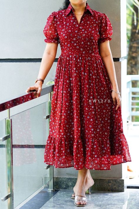 Long Frocks With Collar Neck, Womens Frocks Dresses, Nee Length Frock, Collar Neck Gown Designs, Collar Neck Long Frock Designs, New Western Dress Designs, Frock Models Short, Frocks With Collar Neck, Collar Frock Designs