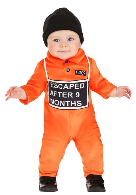 PRICES MAY VARY. Size: 12/18 Months 100% polyester Soft velour jumpsuit has back zipper Snaps along inseams for diaper access Front has embroidered buttons below collar, printed "0009" patch, & sign that reads "ESCAPED AFTER 9 MONTHS" There's a little thief on the loose looking to steal snuggles, and this unique Prisoner Costume for Babies is sure to make getting those cuddles easy! The costume jumpsuit is made of orange velour and zips in the back. Snaps along the inseam offer easy diaper acces First Halloween Costume Boy, Prison Aesthetic, Inmate Costume, Prisoner Costume, Old Halloween Costumes, Newborn Halloween Costumes, First Halloween Costumes, Embroidered Buttons