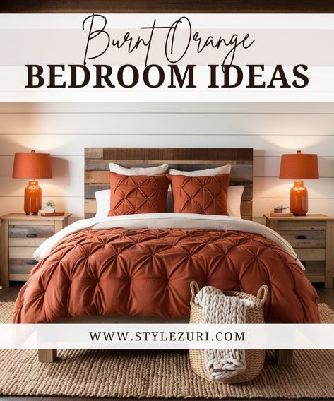 Save Burnt Orange And Grey Bedroom Ideas, Burnt Orange Bedroom Decor Ideas, Bedroom Ideas Burnt Orange, Rusty Orange Bedroom, Burnt Orange Bedroom Decor, Rust Colored Bedroom, Burnt Orange Bedroom Ideas, Orange Boho Bedroom, Grey Comforter Bedroom