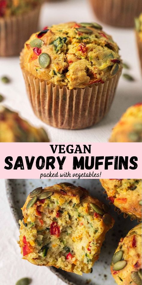 These vegan savoury muffins are moist, packed with vegetables, and come together in one bowl! You can easily customise these muffins to suit your own tastes. Healthy Savoury Snacks, Lunch Muffins, Vegan Savoury Muffins, Groente Muffins, Muffins Chocolate Chip, Vegan Breakfast Muffins, Elderly Crafts, Savoury Breakfast, Vegan Minimalist