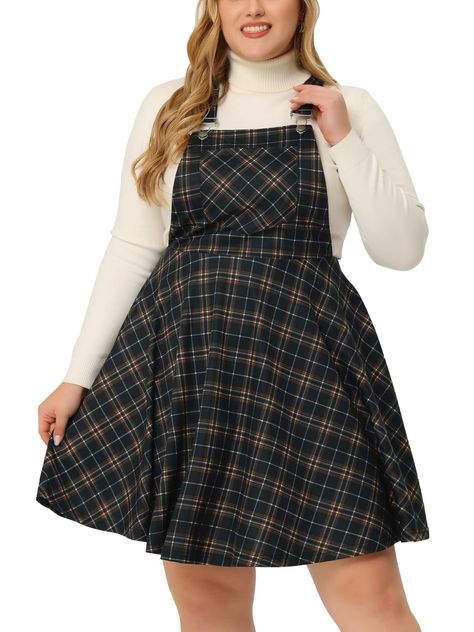 PRICES MAY VARY. 95% Polyester, 5% Spandex Zipper closure Do Not Bleach Wash Instruction: Separate laundry by fabric or color, Do not bleach, Do not Tumble Dry, Low iron Model is 5'6", 192 lbs fit a size 1X. A classic vintage plaid dress with comfortable fabric, paired with a solid colored top and bag to create a daily look Occasion: Back to School, Weekend Gathering, Dating, Party, Halloween, Christmas, Church,Chapel This skirt is knitted with sleeveless, adjustable straps, high waist, swinging Plus Size Overall, Plaid Overall Dress, Plaid Overalls, Plaid Dress Vintage, Red Black Dress, Overall Skirt, Plus Size Elegant, Mid Skirt, Womens Black Dress