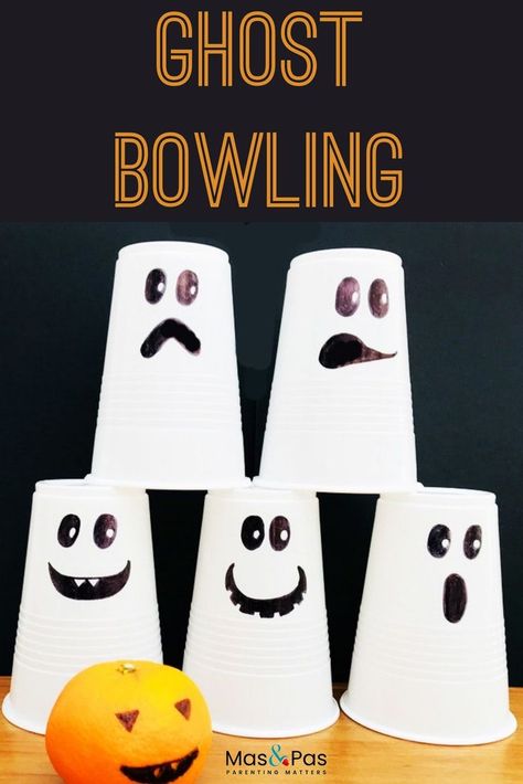 Halloween ghost bowling game. A super quick and easy Halloween game to make in minutes that will keep all your party guests entertained. Turn paper cups into spooky ghosts and a satsuma into a pumpkin bowling ball. It’s the quickest and easiest Halloween game for kids. #halloweenghosts #halloweencraft #halloweencraftforkids #halloweencrafts #ghostcraft Ghost Bowling Game, Halloween Bowling Game, Ghost Games For Kids, Ghost Bowling, Pumpkin Bowling, Halloween Bowling, Teachers Assistant, Easy Halloween Games, Easy Halloween Crafts For Kids