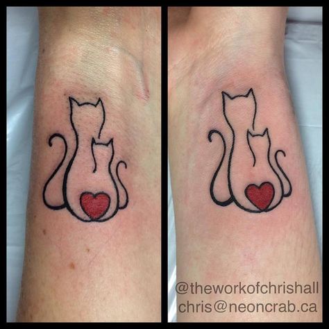 51 Extremely Adorable Mother-Daughter Tattoos to Let Your Mother Know How Much She Means to You Mother And Daughter Cat Tattoos, Cat Mother Daughter Tattoos, Mom And Daughter Cat Tattoos, Cat Couple Tattoo, Cat Tatoos, Mum And Daughter Tattoo, Meow Tattoo, Adoption Tattoo, Ivy Tattoo