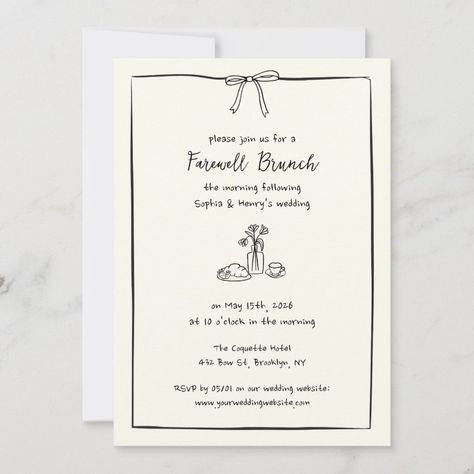 Wedding Farewell Brunch Timeless Hand Drawn Invitation Farewell Brunch Wedding, Farewell Brunch, Wedding Gathering, Bow Illustration, Hand Drawn Invitation, Hand Drawn Border, Traditional Weddings, Wedding Items, Brunch Invitations