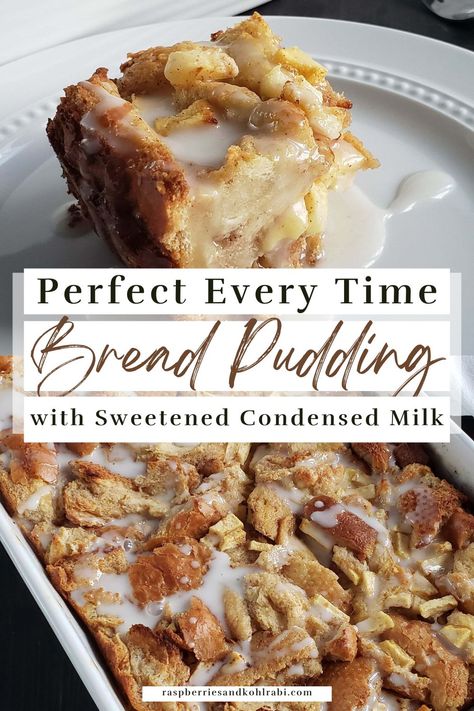 Bread Pudding with Sweetened Condensed Milk is a decadent dessert that elevates the classic bread pudding to a whole new level of indulgence. Moist bread cubes are soaked in a rich custard made with sweetened condensed milk, resulting in a velvety, caramel-like sweetness that perfectly complements the soft, baked texture of the pudding, making it a heavenly treat for dessert lovers. Amish Custard With Condensed Milk, Bread Pudding With Coconut Milk, Custard For Bread Pudding, Bread Pudding With Sourdough Bread, Buttermilk Pudding Recipes, Bread Pudding With Heavy Cream, Coconut Milk Bread Pudding, Bread Puddings Recipe, Bread Pudding With Sweet Condensed Milk