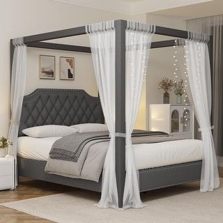 Newell 3 Piece Light Brown Upholstered Canopy Platform Bedroom Set - On Sale - Bed Bath & Beyond - 40154064 Queen Canopy Bed Frame, Queen Size Canopy Bed, Bed Frame Queen Size, Simple Aesthetics, Queen Canopy Bed, Bed Frame Queen, Canopy Bed Frame, Platform Bedroom Sets, Headboard Upholstered