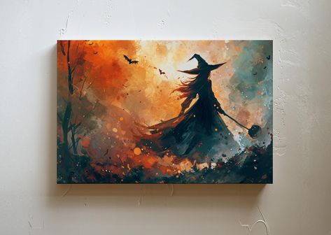 Immerse your space in the allure of Halloween with this canvas art print featuring a dark witch silhouette against an ethereal, glowing background. This piece evokes the spirit of witchcraft and the supernatural, making it an ideal addition to your Halloween or gothic-themed decor. The artwork is printed on a high-quality matte canvas and stretched over a sturdy wooden frame, that comes ready to hang and enjoy. Please be sure to measure where you plan to hang the canvas and match to the dimensio Halloween Painting Watercolor, Halloween Diy Painting, Dark Forest Witch, Halloween Paintings On Canvas, Watercolor Studies, Season Art, Halloween Silhouette, Gothic Wall Decor, Witch Silhouette