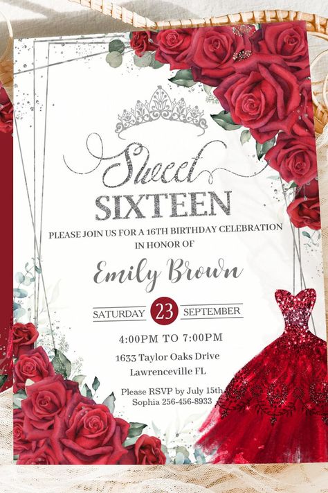 Sweet 16 Sixteen Silver Red Roses Floral Dress Invitation Red Sweet Sixteen, Sweet Sixteen Ideas, Red Sweet 16, Invitations Sweet 16, 16th Birthday Decorations, Dress Invitations, 16th Birthday Invitations, 16 Birthday, Sweet 16 Invitations