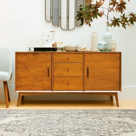 side table #modern #decor #home #designer #homedecor #style #minimal #minimalism #interior #house #beautiful Mid Century Media Console, West Elm Mid Century, Free Standing Kitchen Cabinets, Mid Century Buffet, Mid Century Console, 60s Furniture, Modern Buffet, Wood Buffet, Freestanding Kitchen