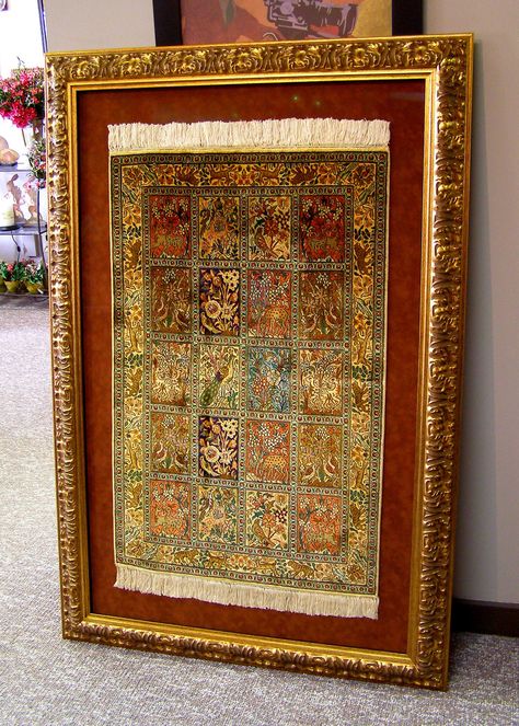 Large custom framed silk rug. Hand sewn to suede.This rug took the artist a year to weave. Custom framing by Centerville Framing and Gifts. Framing Tapestry, Framed Rug Wall Art, Sabyasachi Decor, Rug On Wall, Fabric Framing, Framed Rug, Living Room Designs India, Framed Tapestry, Embroidered Rug