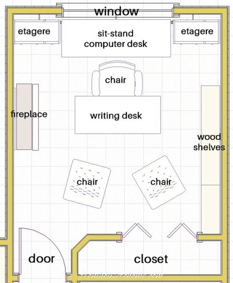 home office floor plan with the desk facing into the room and a window and two bookshelves behind it Office Desk Facing Window, Desk Facing Window, Home Office Layout Ideas, Office Layout Plan, Office Layouts, Blue Home Offices, Office Layout Ideas, Home Office Layouts, Office Floor Plan