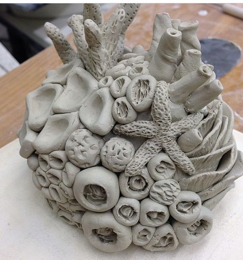 Coral piece, children can use their own stamps to make Ceramic Coral Sculpture, Coral Clay Sculpture, Coral Pottery, Ceramic Coral Reefs, Clay Coral, Coral Clay, Ceramic Coral, Coral Sculpture, Ceramic Art Sculpture