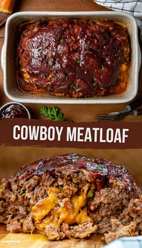 Are you hungry? I sure hope so! This Cowboy Meatloaf takes classic meatloaf to a whole new level of heartiness, packed with beef, pork, pinto beans, and melty cheddar cheese, all topped with BBQ sauce. It is comfort food with a cowboy and cheesy twist, perfect for family dinners or gatherings, or for any time you are craving something truly filling! Main Dishes With Hamburger Meat, Cowboy Butter Meatloaf, Easy Dinner Recipes For Black Families, Things To Make With Ground Beef Dinners, Meat Supper Ideas, Loaded Meatloaf Recipes, Hot Links Recipes Meals, Cowboy Dinner Recipes, Hamburger Meat Recipes For Dinner Main Dishes Ground Beef