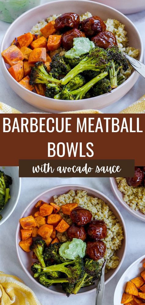 These healthy bowls feature saucy barbecue meatballs, roasted sweet potatoes and broccoli, avocado goddess sauce, and quinoa for the perfect wholesome meal. Bbq Meatballs Meal Prep, Healthy Meals With Red Meat, Beef With Sweet Potatoes, Healthy Carb Dinner, Bbq Sweet Potato Bowl, Meatball And Sweet Potato Recipes, Sweet Potato And Meatballs, What To Make With Sweet Potatoes Healthy, Healthy Dinner Meal Plans For The Week