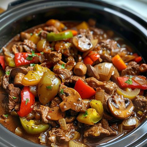 Crockpot Mushroom Pepper Steak - Yeyfood.com: Recipes, cooking tips, and kitchen hacks for home cooks of all levels Crockpot Beef Tips With Mushrooms, Crockpot Mushroom Pepper Steak, Crockpot Steak And Peppers, Steak And Peppers Crockpot, Pepper Steak In A Crockpot, Beef Tips And Mushrooms Crockpot, Crockpot Beef Stew Meat Recipes, Crockpot Pepper Steak Recipes, Sirloin Steak Crockpot