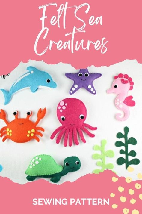 Felt Sea Creatures sewing pattern. These gorgeous ocean creatures are all stitched entirely by hand and are the perfect sewing patterns for beginners. You can use these finished Felt Sea Creatures for all kinds of things like as a toy, baby mobile, garland, ornament, cake topper, party favor, etc. SewModernKids Mermaid Felt Patterns, Felt Ocean Animals Free Pattern, Felt Sea Creatures Patterns Free, Felt Ocean Animals, Felt Sea Creatures, Animal Felt Patterns, Sea Baby Shower Theme, Art Gala, Ornament Cake