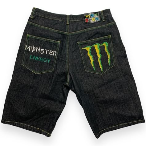 Monster Energy Jorts Size 38 Baggy monster energy... - Depop Monster Energy Outfit, Monster Energy Clothing, Outfits Jorts, Monster Clothes, Fire Clothes, Embroidered Denim Shorts, Punk Outfits, Swaggy Outfits, Monster Energy