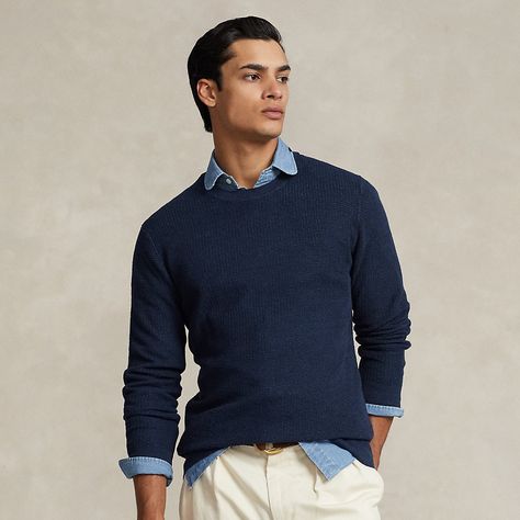 This crewneck sweater combines fine-gauge linen yarn with a textured knitting technique. Sweater And Dress Shirt, Sweaters With Collared Shirts, Crew Neck Sweater Outfit, Textured Knitting, Sweater Outfits Men, Crew Neck Sweater Men, Preppy Men, Linen Yarn, Jcrew Sweater