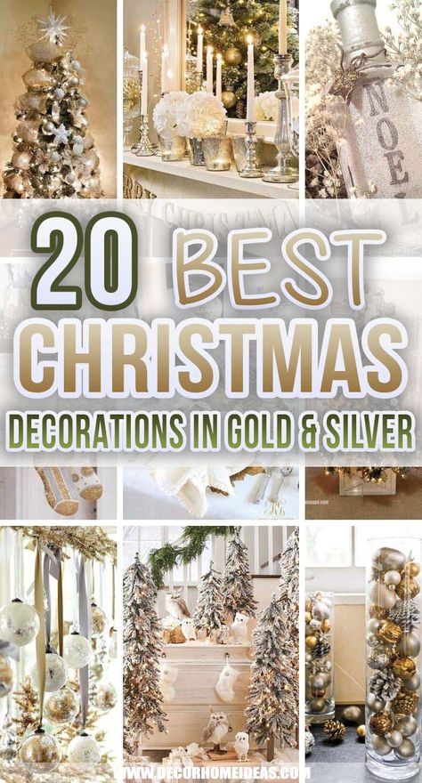 Gold Silver And White Christmas Tree Decor, Silver And Gold Mantel Christmas Decor, Christmas Gold And Silver Decorations, Diy Elegant Christmas Decorations, Silver And Gold Christmas Tree Ribbon, Silver White Gold Christmas Decor, Silver And Gold Christmas Party Theme, Green Christmas Tree With Gold Decor, Cream Gold And Silver Christmas Tree