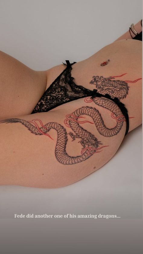 Dragon Tattoo with Flames on the Hips Dragon Tat On Thigh, Tattoo Ideas Dragon Thigh, Stomach Dragon Tattoo For Women, Flame Hip Tattoo, Thighs Tattoos For Women, Dragon Tattoo Leg Wrap, Thigh Tattoos Women Dragon, Hip Dragon Tattoo, Red And Black Tattoo Women