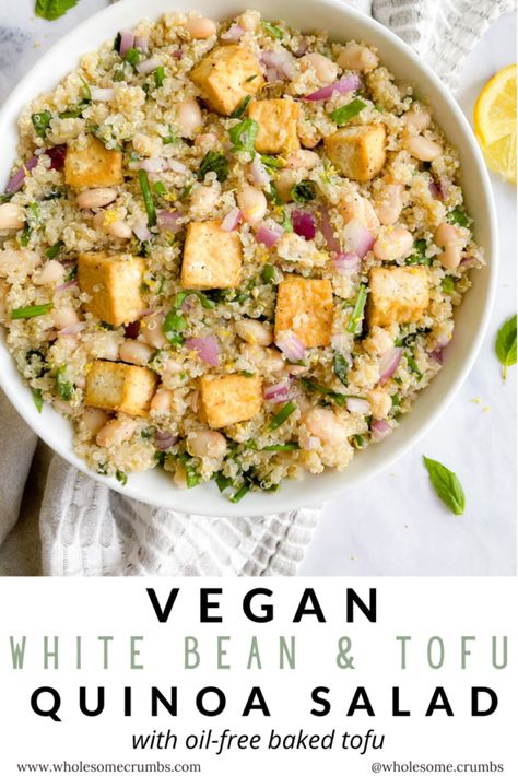 Vegan White Bean & Tofu Quinoa Salad [GF] • Wholesome Crumbs Bean And Tofu Recipe, Tofu With Quinoa, Quinoa Salad With Tofu, Quinoa Tofu Salad, Legume Dishes, Tofu Quinoa Bowl, Bean Tofu, Quinoa Tofu, Tofu Quinoa