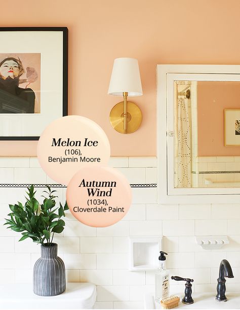 Get Inspired By House & Home's 2020 Paint Trends - House & Home Life Is A Peach Behr Paint, Peach Painted Bathroom, Peach Brown Paint Color, Melon Popsicle Benjamin Moore, Melon Ice Benjamin Moore, Melon Paint Color, Benjamin Moore Peach Parfait, Peach Walls Bathroom, Best Peach Paint Colors