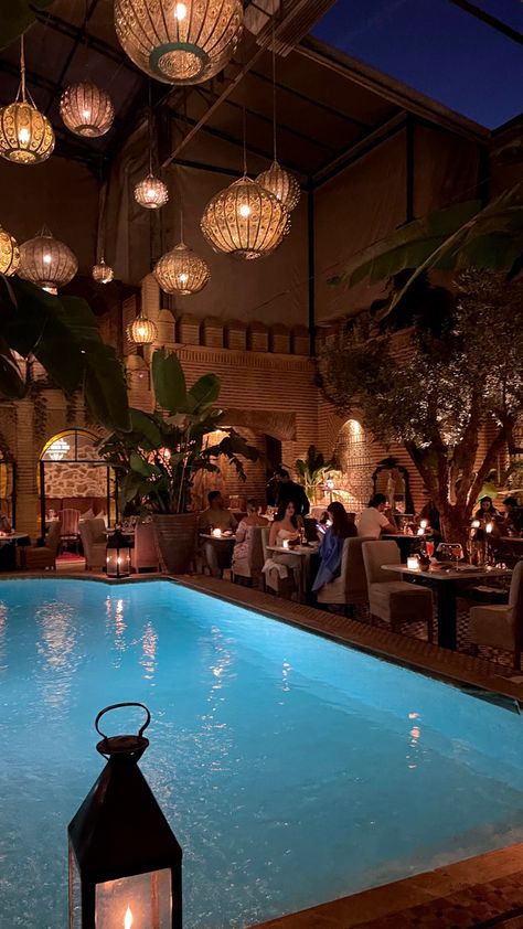 Morocco At Night, Marrakech Nightlife, Marrakesh Aesthetic, Morocco Villa, Morroco Aesthetic, Marrakech Morocco Aesthetic, Morroco Marrakech, Morocco Vacation, Moroccan Summer