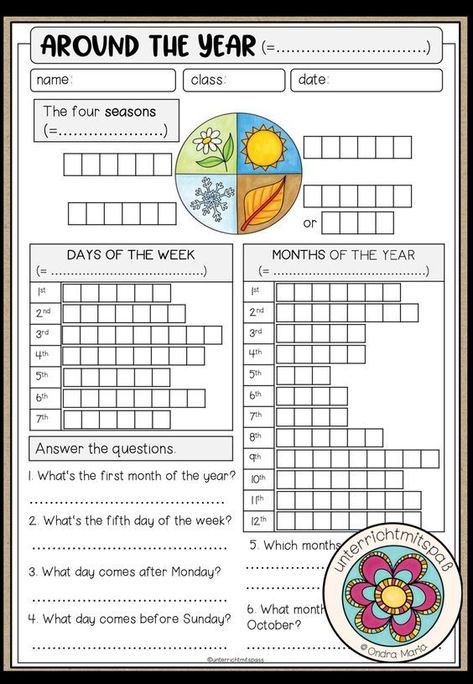 This is a fun ESL worksheet to practice the months, days of the week and seasons. Seasons Worksheets, Fun Worksheets For Kids, English Activities For Kids, English Exercises, Learning English For Kids, English Worksheets For Kids, Kids English, Aktivitas Montessori, English Classroom