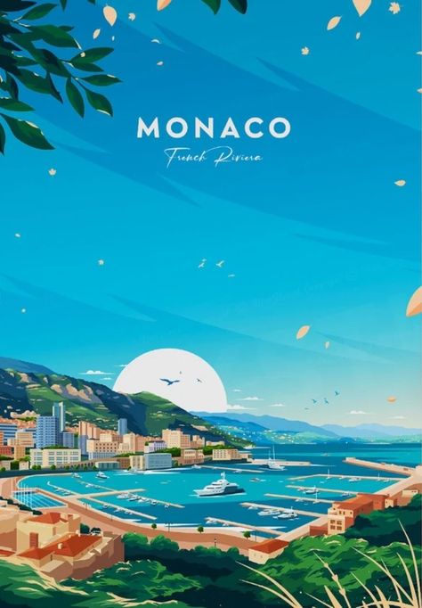 Monaco Illustration, June Vibes, Monaco Poster, Monaco France, Wanderlust Decor, French Travel, Old Advertisements, Walled City, Casino Night