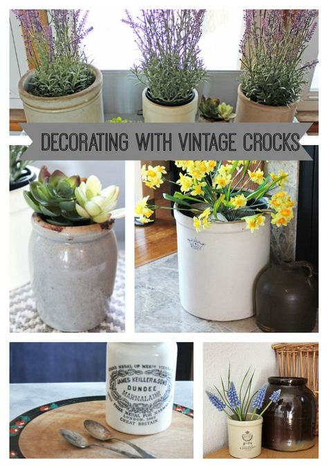 Pickling Crock Decor, Decorating With Jugs And Crocks, Things To Do With Old Crocks, Large Crocks Decor Ideas, How To Decorate A Crock, Ideas For Crocks Decorating, Antique Crocks Decor Ideas Kitchen, Crock Jug Decor Ideas, Decorating Ideas Using Old Crocks