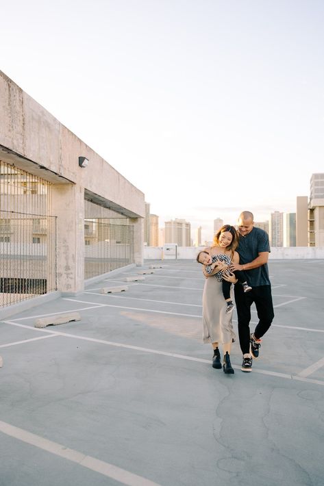 Unique Rooftop Parking Garage Family Photos by Oahu Hawaii Family Photographer Desiree Leilani Family Parking Garage Photoshoot, Family Photos Parking Garage, Parking Garage Maternity Photos, Rooftop Family Photoshoot, Holiday Family Photos, Parking Garage Photoshoot, Rooftop Engagement, Rooftop Photoshoot, 2024 Family