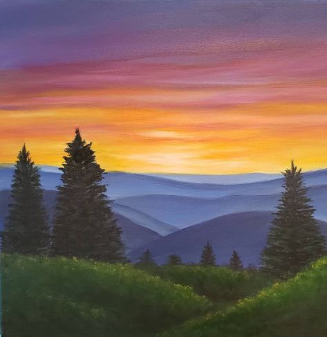 Easy Paintings Landscape, Nature Painting Ideas Easy, Mountains Painting Simple, Landscape Paintings Easy, Easy Landscape Painting Ideas, Sunset Painting Easy, Sunset Landscape Painting, Fall Landscape Painting, Easy Landscape