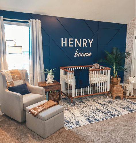 White And Navy Nursery, Navy Wall With Green Accents, Dark Blue Nursery Wall, Navy Themed Nursery, Brown And Navy Nursery, Navy Accent Nursery, Nursery Navy Accent Wall, Navy Grey Nursery, Navy Blue And Brown Nursery