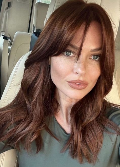 Medium Brown Reddish Hair, Chocolate Shag Hair, Auburn Hair With Wispy Bangs, Fair Skin Auburn Hair, Brown Hair With Auburn Tint, Auburn Hair On Latinas, Chestnut Copper Brown Hair, Brunette Red Hair Warm Browns, Dark Auburn Hair Short