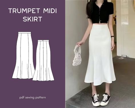 Trumpet Skirt Pattern Skirt Sewing Pattern Midi Skirt - Etsy Sewing Patterns Skirt Long, Tulip Skirt Pattern Free, Fit And Flare Skirt Pattern, Long Skirts Patterns, Womens Dress Patterns Sewing, Mermaid Skirt Sewing Pattern, Free Midi Skirt Pattern, Bell Skirt Pattern, Skirts Design Ideas