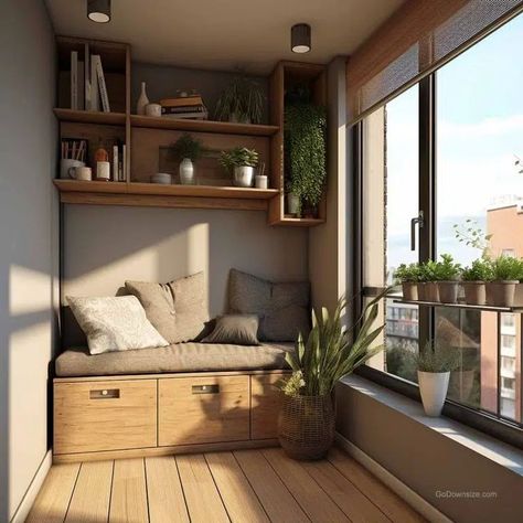 This refreshing apartment balcony creates a Zen-like atmosphere with its choice of blinds, plants, and cushioned bench. Hanging Decoration Ideas, Dream Balcony, Hanging Plant Ideas, Plant Ideas, Hanging Plant, Hanging Pots, Hanging Plants, Decoration Ideas, Balcony