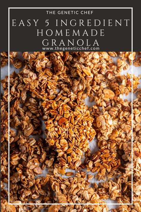 Crunchy, nutty, and slightly sweet, my Easy Homemade Granola is a simple basic granola recipe that takes only minutes to prepare and makes a fantastic breakfast or anytime snack. #granola #breakfast #healthysnack #easyrecipe #glutenfree l @thegeneticchef Nut Granola Recipe Grain Free, First Watch Granola Recipe, Granola Chunks Recipe, Plain Granola Recipe, Homemade Cinnamon Granola, No Nut Granola Recipe, Granola Without Nuts Recipe, Granola Recipe Without Coconut Oil, Easy Granola Recipe 4 Ingredients