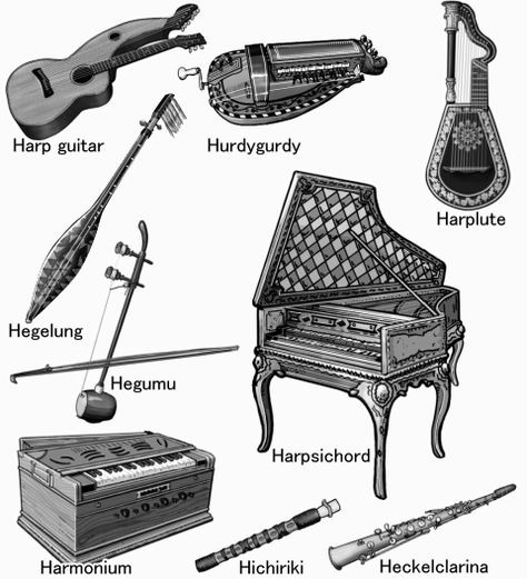 World musical instruments: H ... world musical instruments Thumbnail Illustration, Glockenspiel Instrument, Around The World Illustration, Old Musical Instruments, World Illustration, Hurdy Gurdy, Instruments Art, Monochrome Illustration, Gray Scale