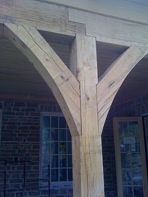 I like the shape of the porch post corbels. This would look good on the porch posts and would tie in both the angles and curves of the house. Timber Frame Joinery, Timber Frame Construction, Porch Columns, Porch Posts, Revival Architecture, Wooden Structure, Farmhouse Porch, Wood Joinery, Timber Framing