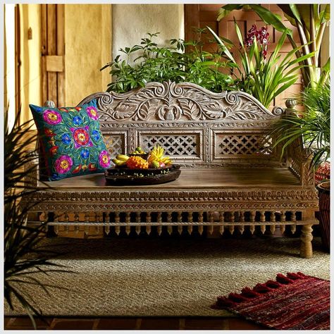 as seen on Craft by World Market (Blogged on the east coast desi) Comfy Backyard, Backyard Bench, Carved Bench, Global Decor, Indian Interiors, Ethnic Decor, Indian Furniture, Bench Seating, Bench Designs