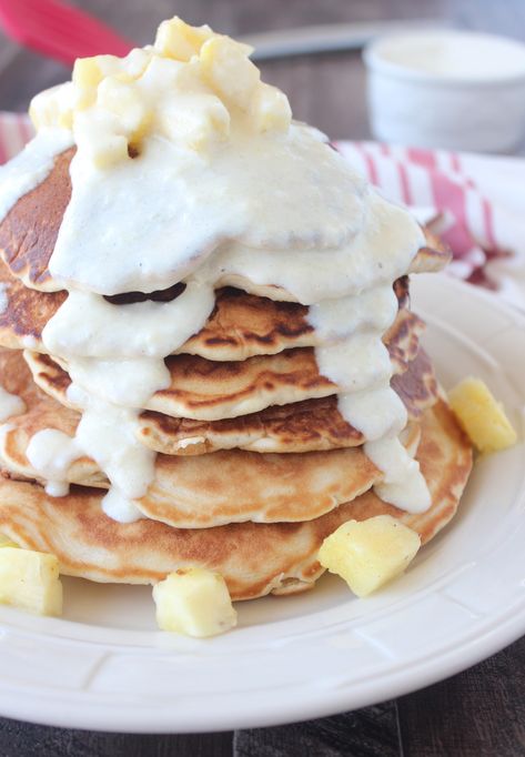 This Pineapple Coconut Pancake Recipe is light & fluffy, with sweet, tart & tropical flavors, perfect when topped with Pineapple Coconut Cream Cheese Syrup! Coconut Pancakes Recipe, Cream Cheese Syrup, Pineapple Pancakes, Plantain Pancakes, Oatmeal Pancakes Recipe, Coconut Pancakes, Breakfast Specials, Oatmeal Pancakes, Pineapple Coconut